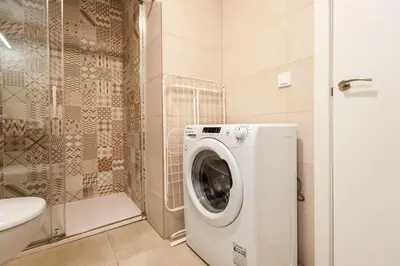 a white washing machine in a bathroom with a shower at El Mosaico Apartment in Valencia