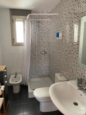 a bathroom with a toilet and a sink and a shower at Apartamento San Vicente in Villar del Arzobispo