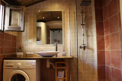 a bathroom with a sink and a washing machine at Alojamiento turistico LaVid in Requena