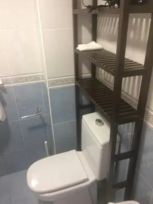 a bathroom with a white toilet and a wooden shelf at Zerka Ayuntamiento in Valencia