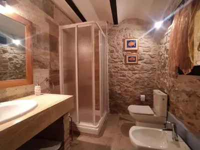 a bathroom with a shower and a toilet and a sink at Casa Rural Mirador de la Torre in Alcublas
