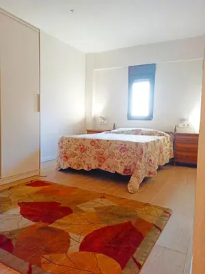 a bedroom with a bed and a rug on the floor at Vistas a las palmeras in Burjasot